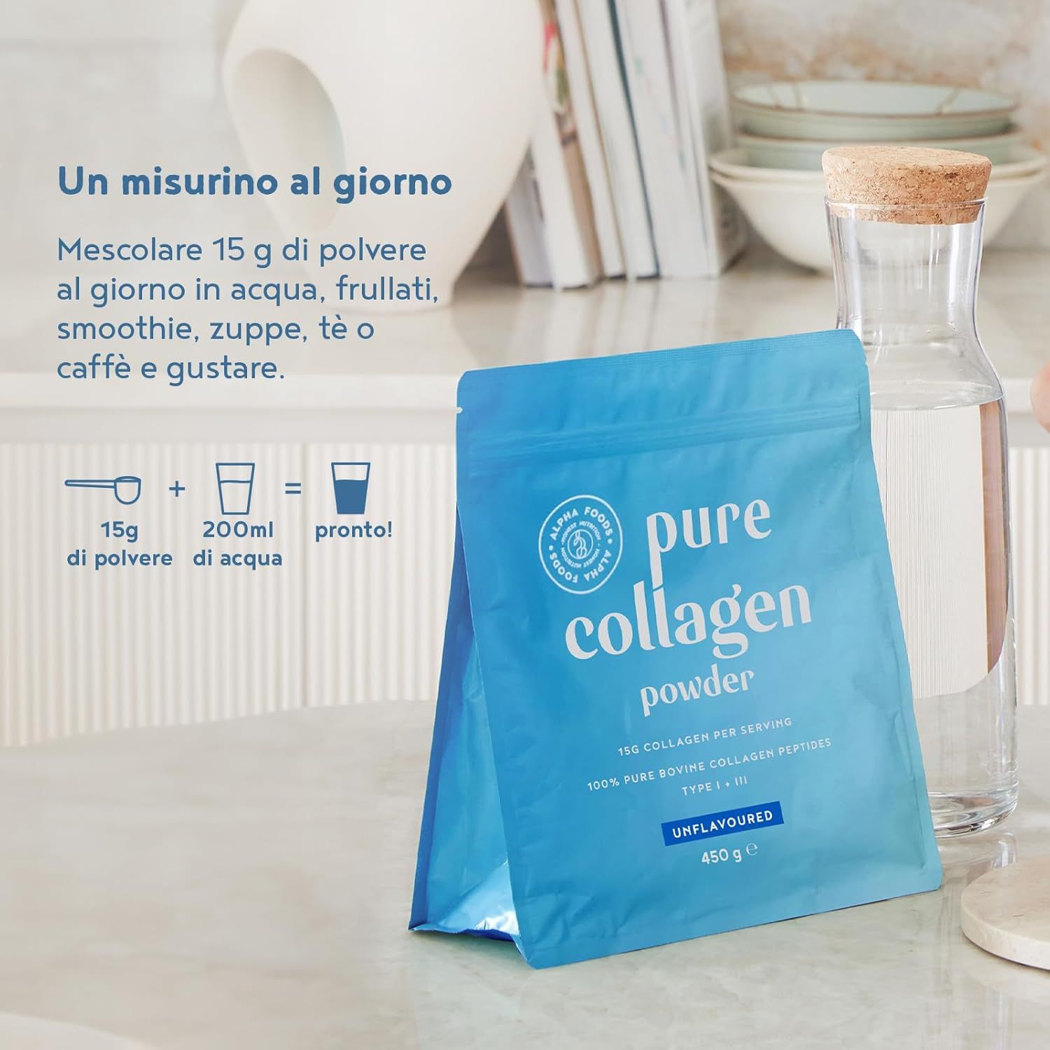 Istruzioni: mescolare 15g di polvere con 200ml di acqua. Grafico: misurino e bicchiere.