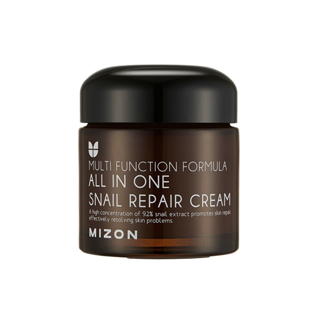 Vasetto di crema marrone con coperchio nero. Scritta: Multi Function Formula All In One Snail Repair Cream. Marchio: MIZON.