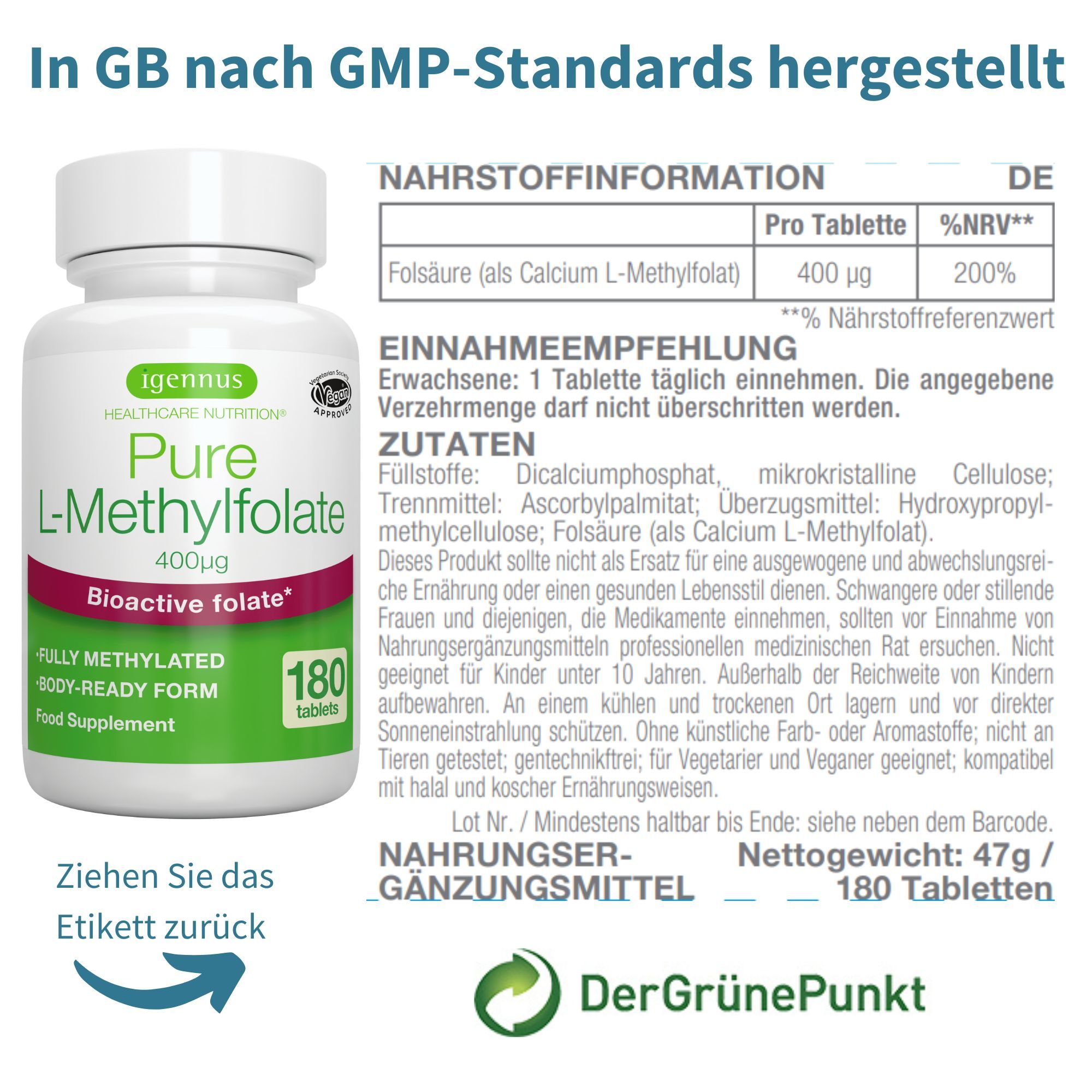 Retro di una bottiglia di Igennus Pure L-Methylfolate con informazioni nutrizionali e istruzioni per l'uso.