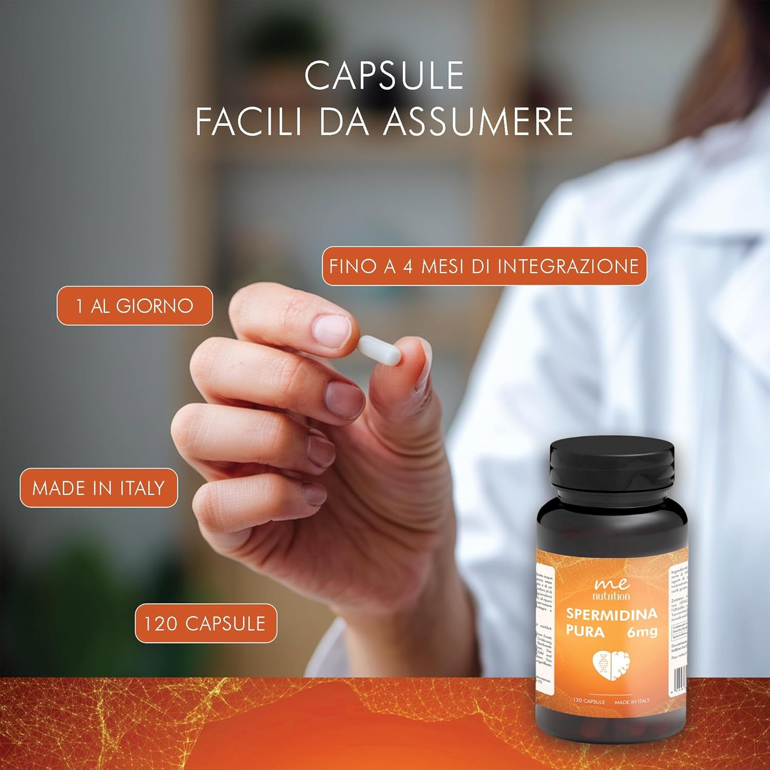 Capsula in mano. Flacone con capsule. Testo: 1 al giorno, Made in Italy, 120 capsule, fino a 4 mesi.