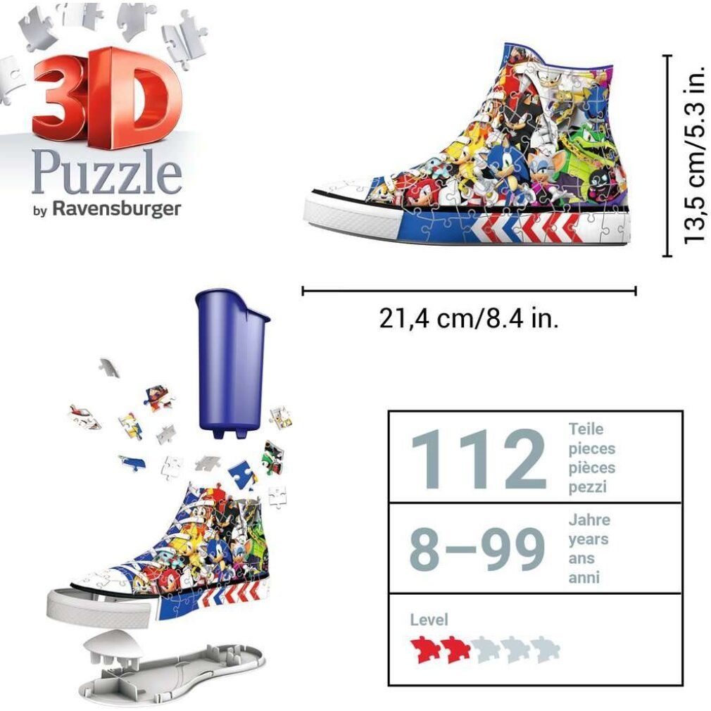 Sneaker puzzle 3D con motivo Sonic. Contiene 112 pezzi. Dimensioni: 21,4 cm x 13,5 cm. Include accessori e parti.