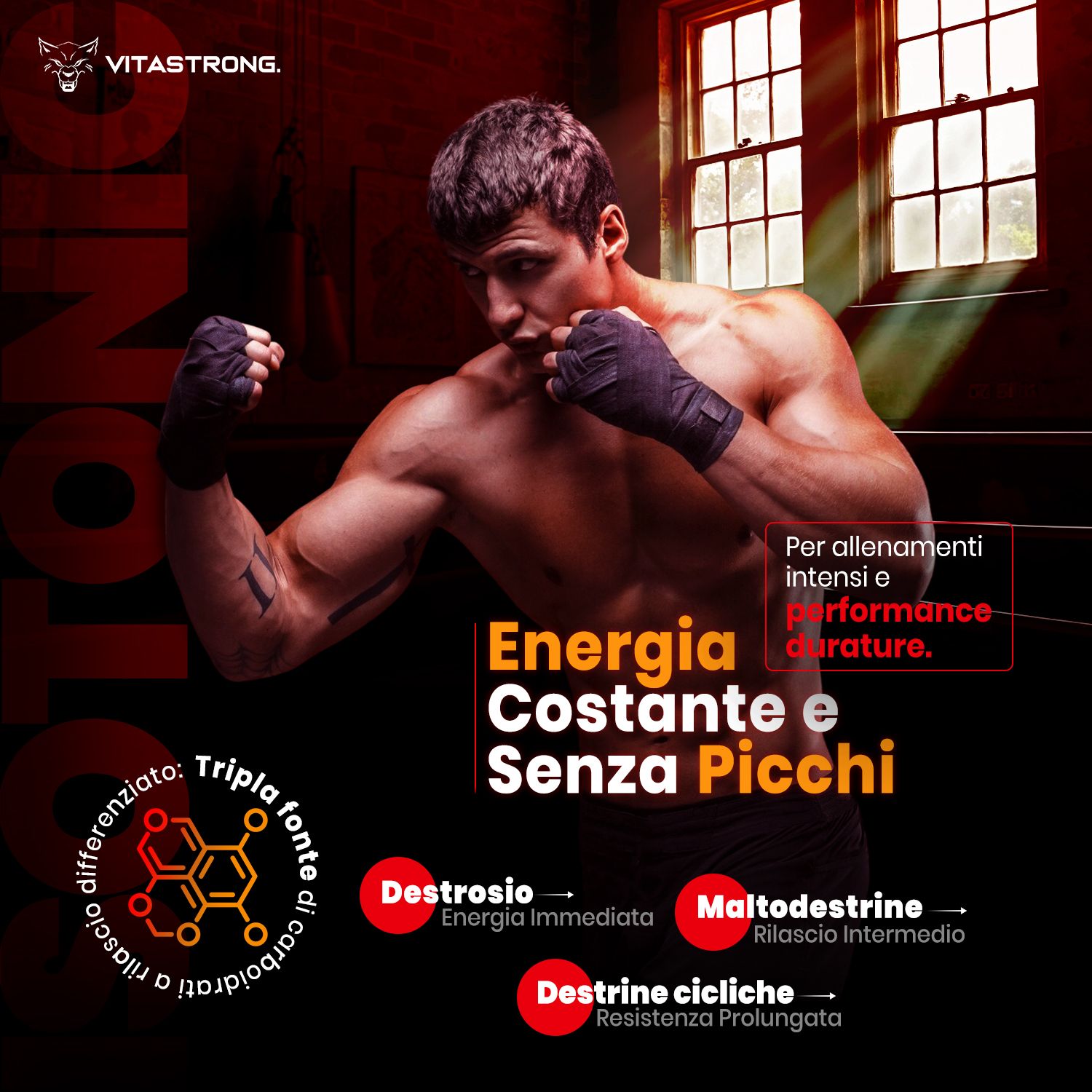 Uomo con guantoni da boxe. Testo su energia e prestazioni. Formula chimica. Elementi rossi e gialli.