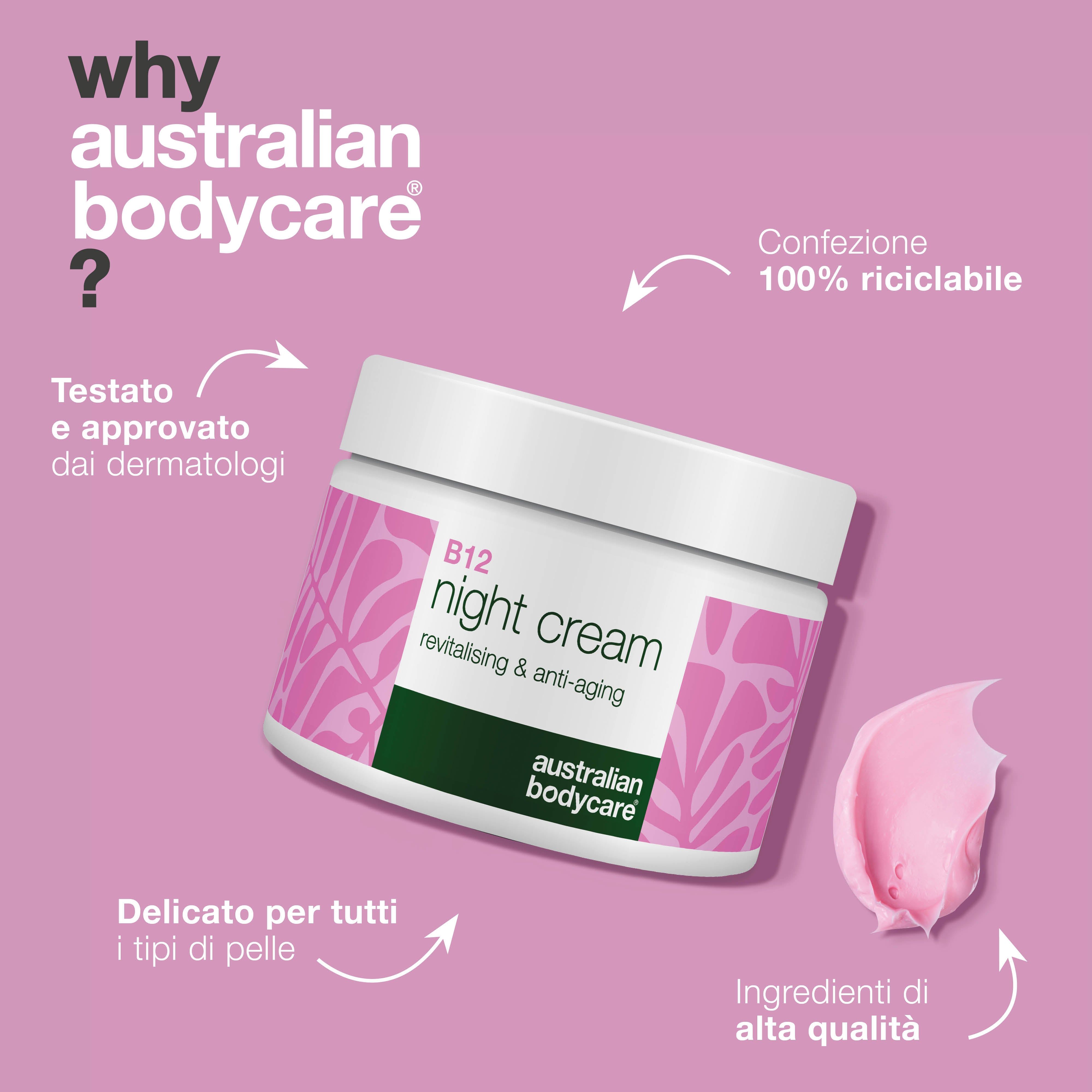 B12 Night Cream. Testo: Testato e approvato dai dermatologi. 100% riciclabile. Australian Bodycare.