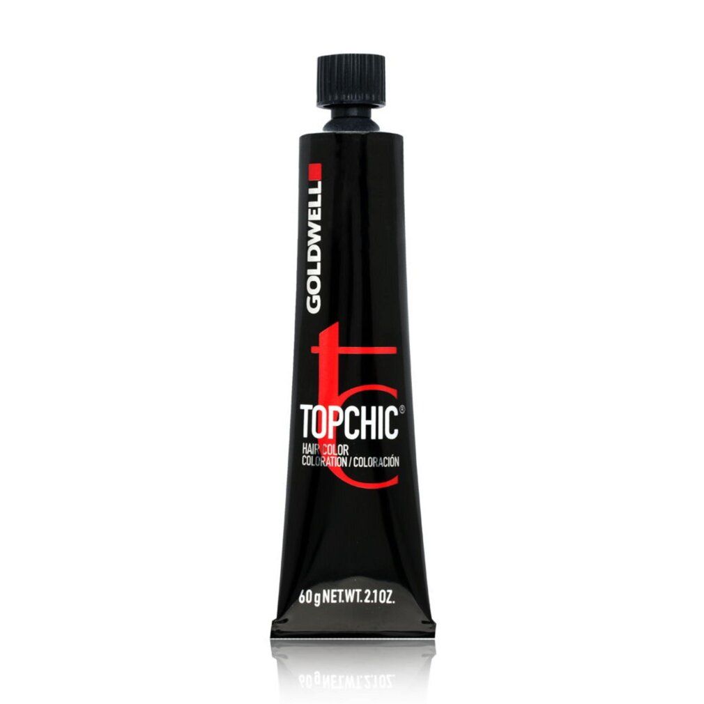 Tubo di colore per capelli Goldwell Topchic. Tubo nero con nome del prodotto. 60g netti. Senza campione di colore.