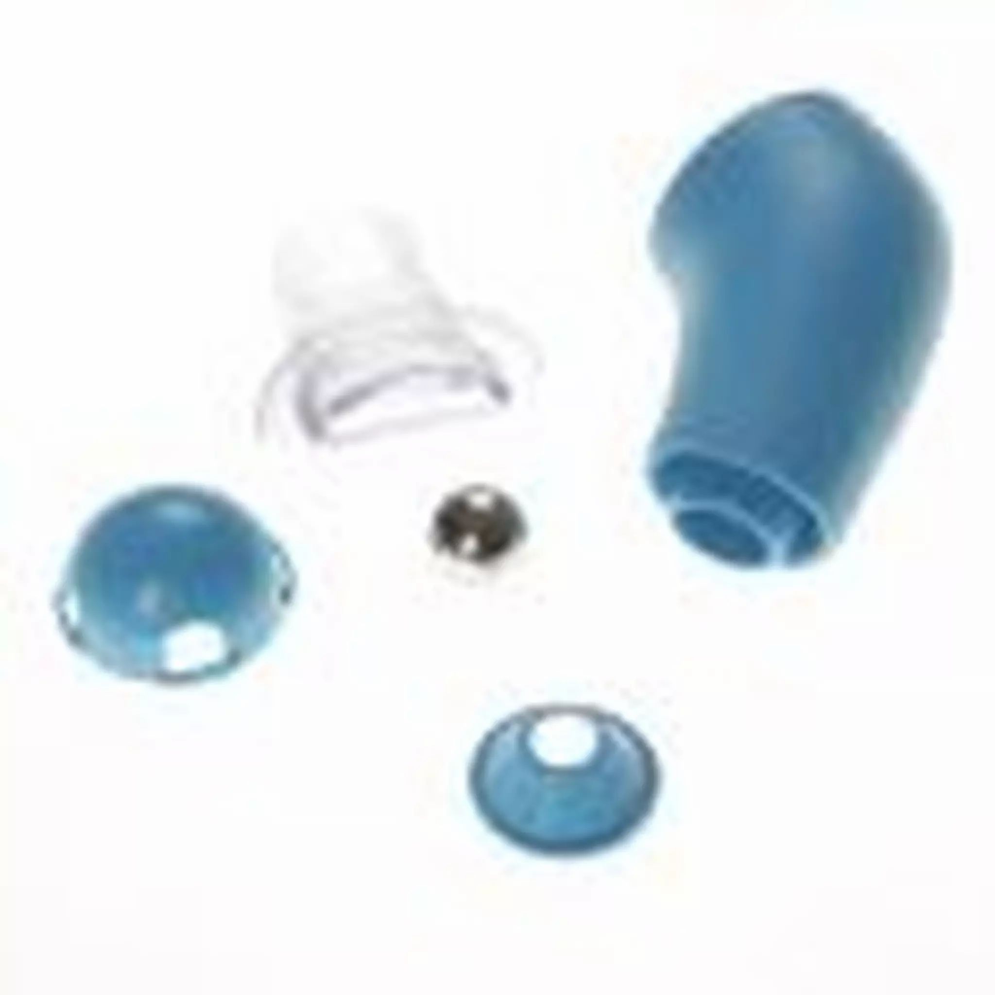 Componenti di un dispositivo blu per l'allenamento respiratorio: bocchino, sfera, corpo e coperchio.