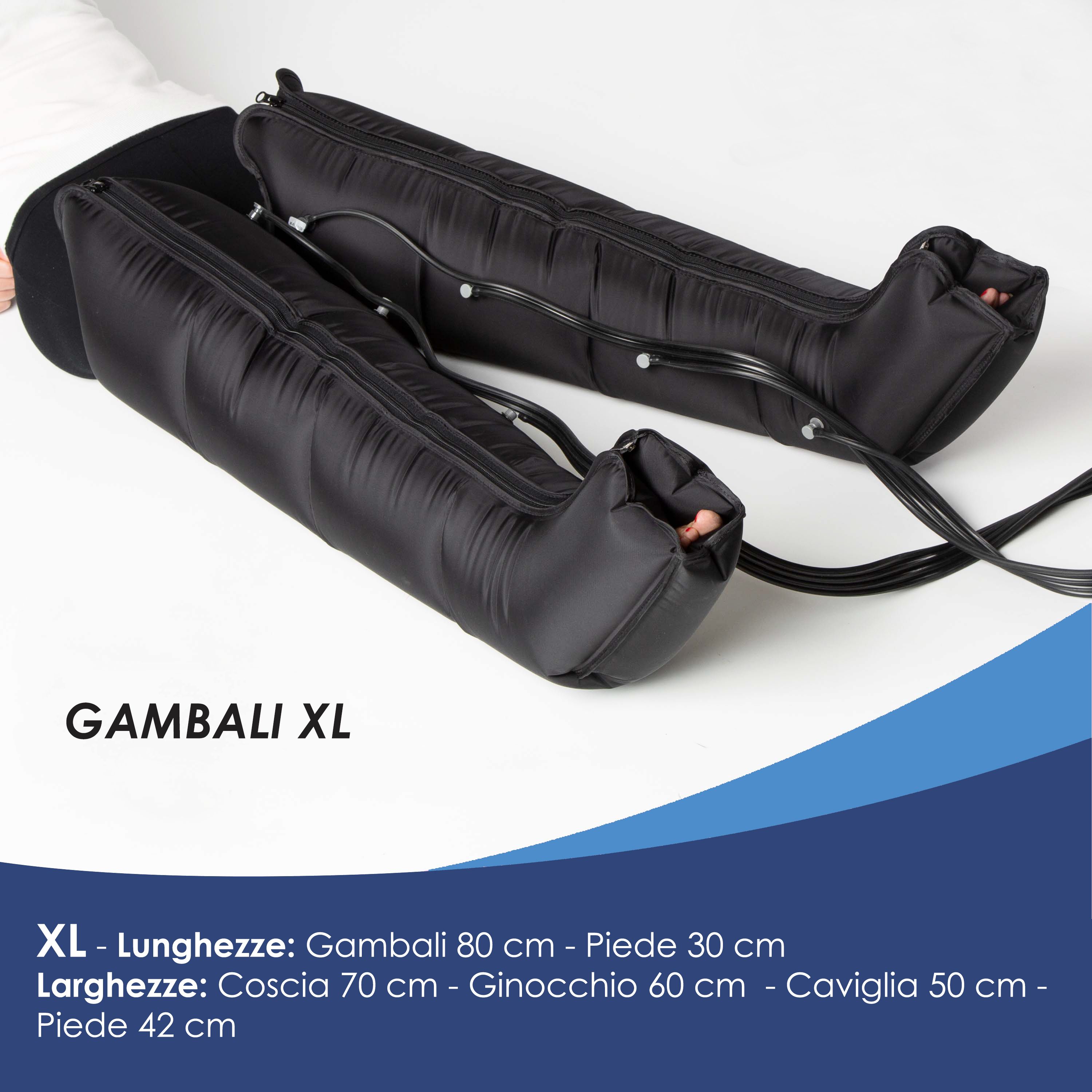 Gambali XL per pressoterapia, lunghezza 80 cm, piede 30 cm.