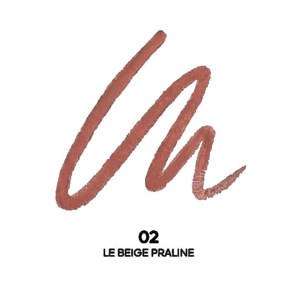 Tratto di matita beige-marrone. Testo: 02 LE BEIGE PRALINE.