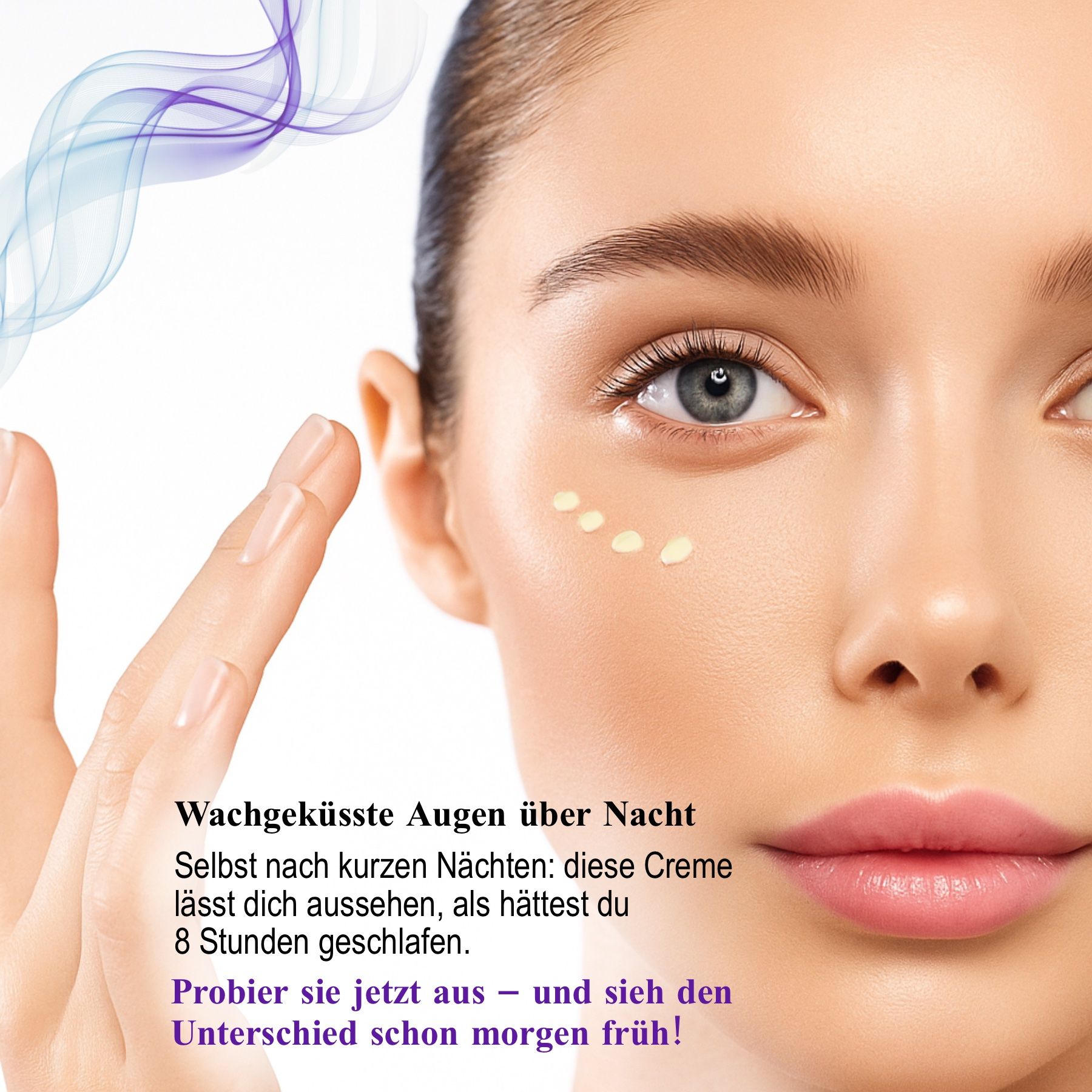 Donna applica la crema. Testo: Occhi riposati durante la notte. Provala ora!