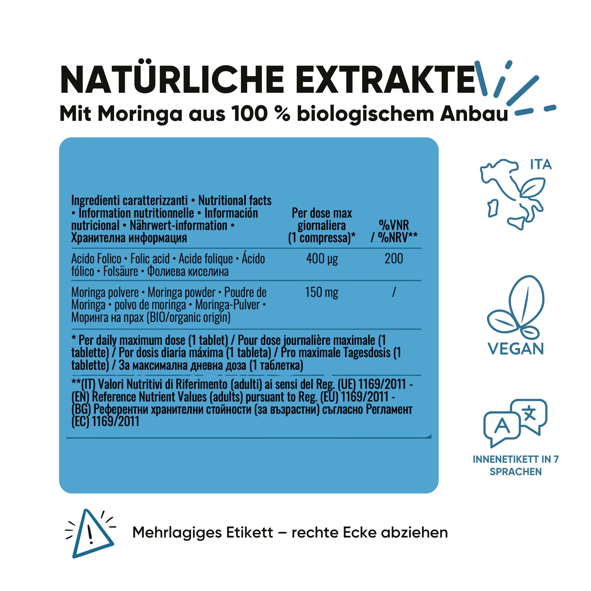 Informazioni nutrizionali per acido folico e Moringa. "Vegano", "Etichetta in 7 lingue".