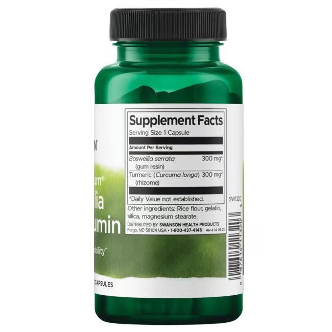 Retro di un flacone verde con tappo nero. Scritta: Supplement Facts. Contiene Boswellia serrata e Curcuma longa.