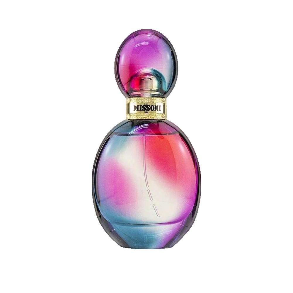 Flacone rotondo con tappo ovale. Sfumatura da blu a rosa. Chiusura dorata con scritta "MISSONI".