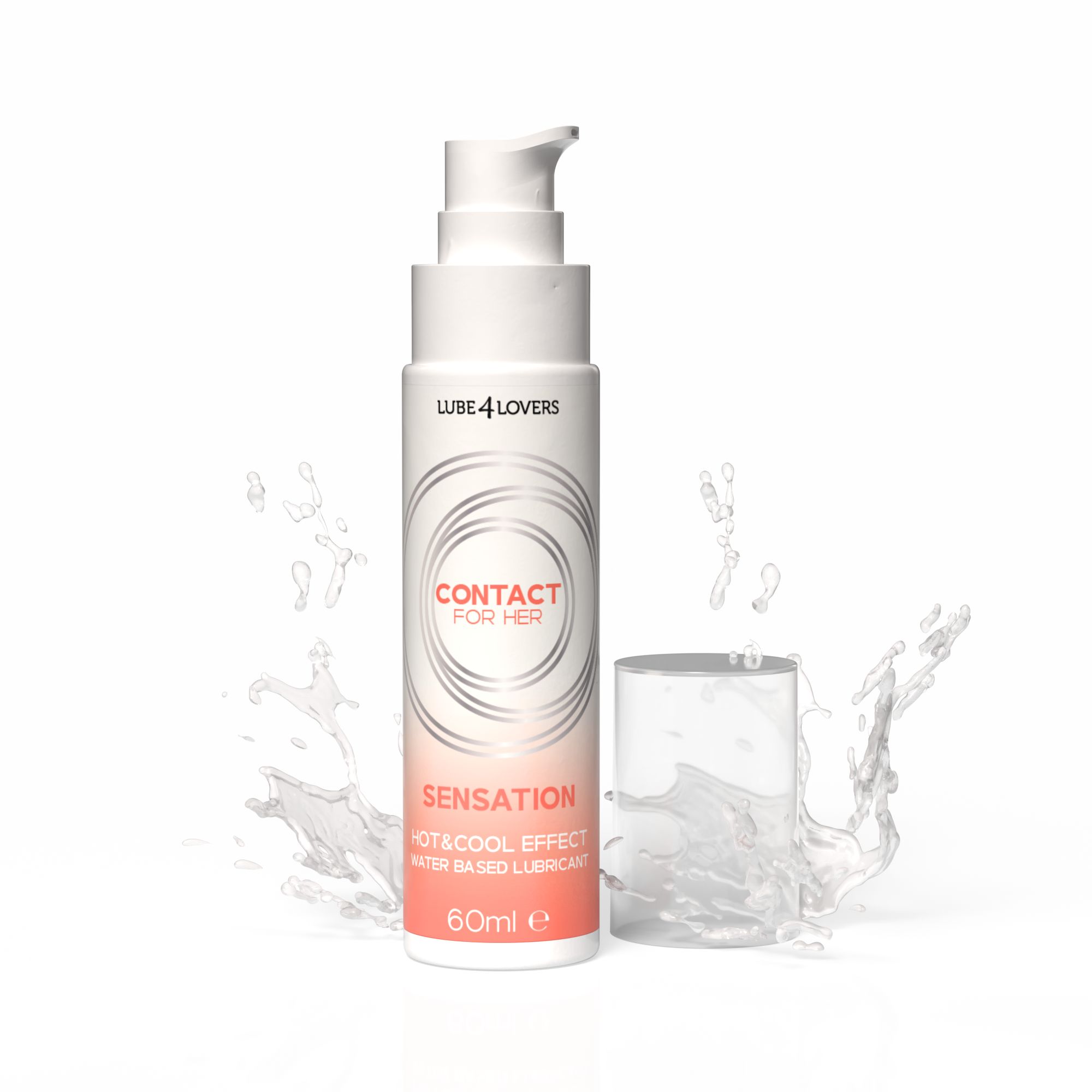 Flacone bianco-rosa con dosatore, tappo e spruzzi d'acqua. Scritta: CONTACT FOR HER, SENSATION, 60ml.