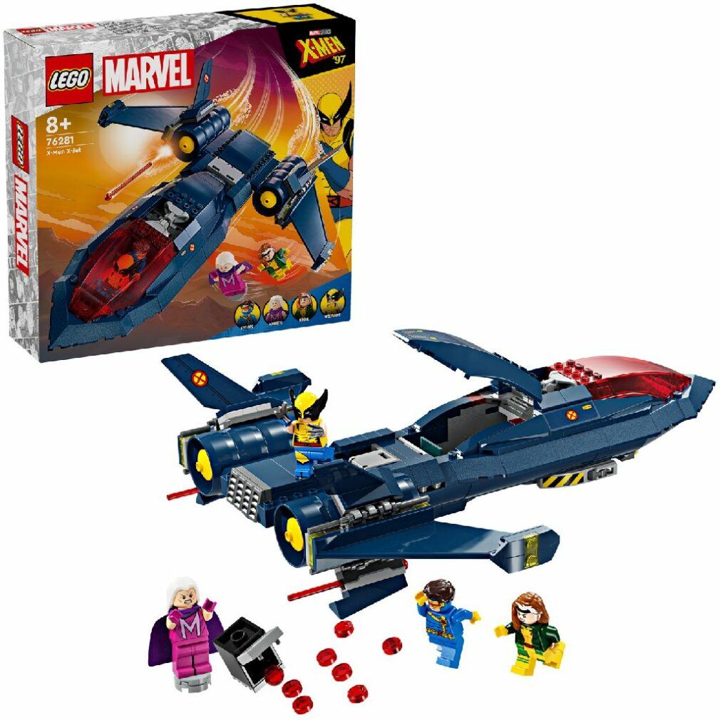LEGO Marvel X-Jet. Modello di aereo blu con cabina di pilotaggio aperta. Personaggi ed elementi rossi accanto. Confezione.