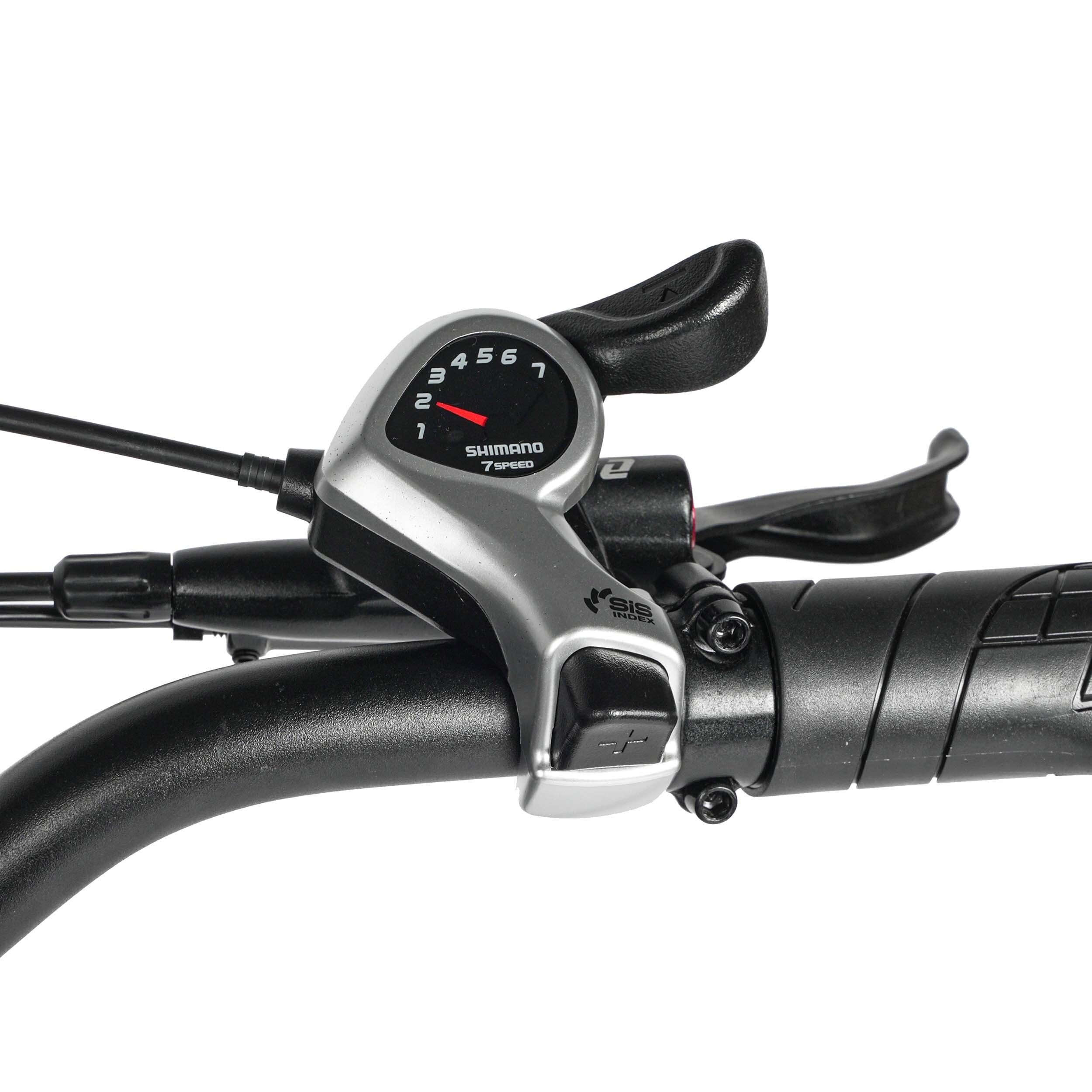 Primo piano del cambio Shimano a 7 velocità. Argento con comandi neri. Numeri 1-7.