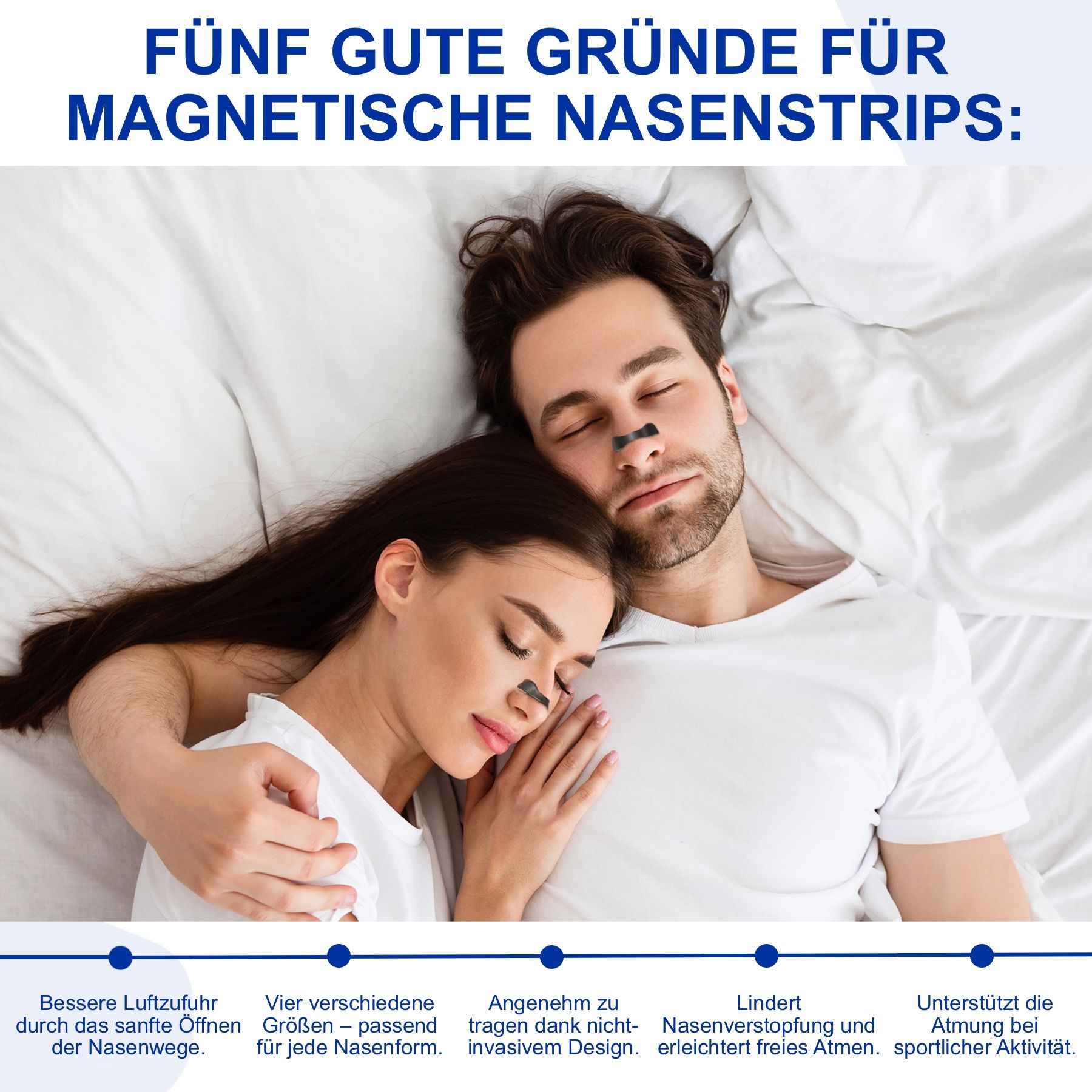 Coppia che dorme con strisce nasali. Testo: Migliore flusso d'aria, quattro diverse dimensioni, comodo da indossare, allevia la congestione nasale.