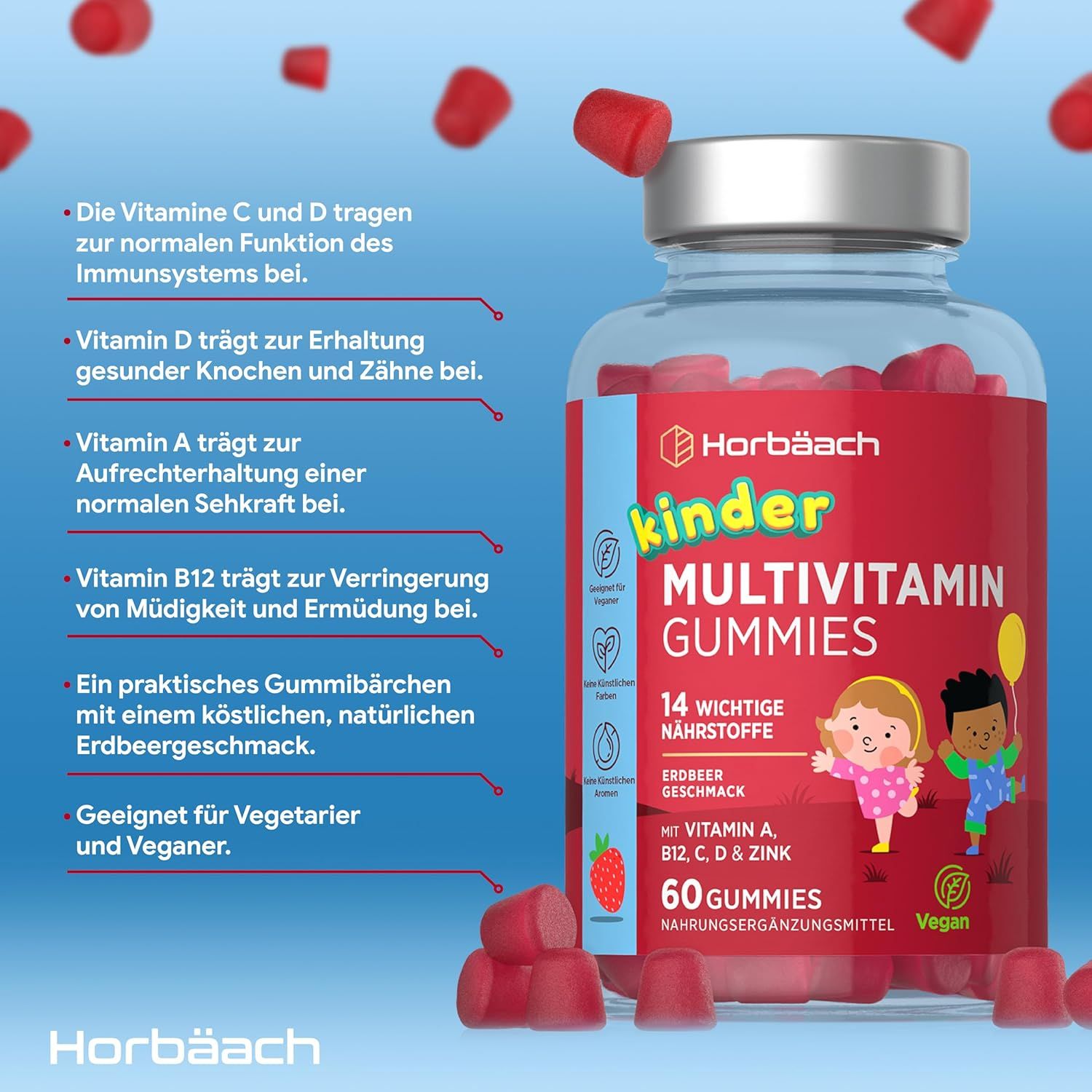 Flacone di Horbaach Kinder Multivitamin Gummies con testo sui benefici. Caramelle gommose rosse.
