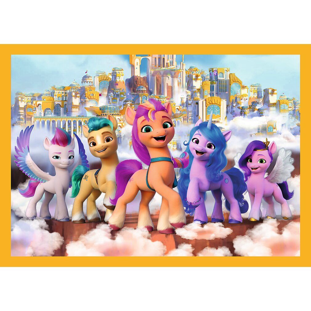Illustrazione di cinque pony davanti a un paesaggio urbano. Sfondo giallo.