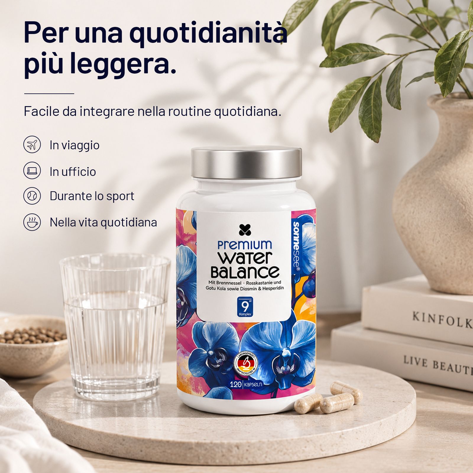 Flacone Sonnesee Premium Wasserbalance con motivo floreale, 120 capsule.