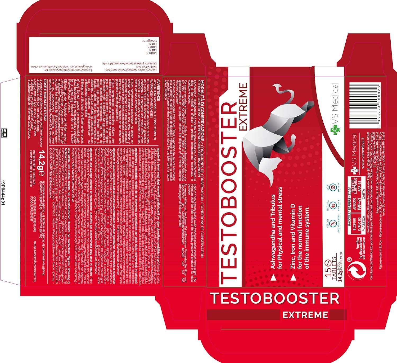 Confezione rossa spiegata con testo: Testobooster Extreme, 15 compresse. Informazioni prodotto e logo VS Medical.