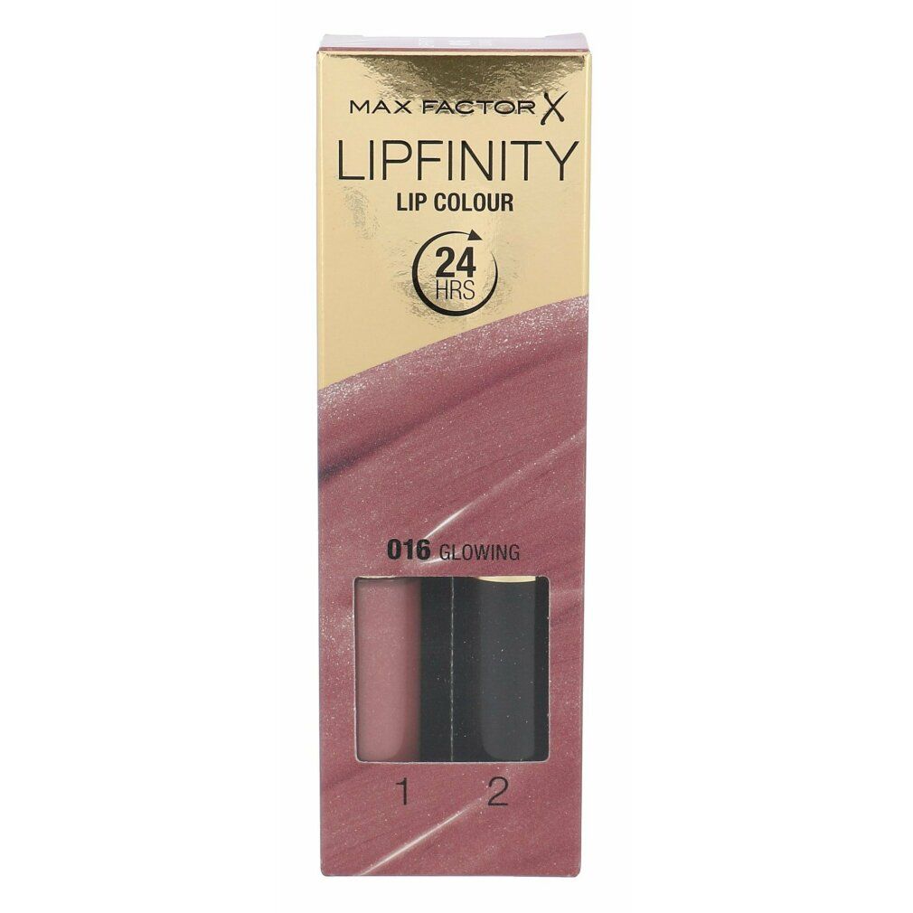 Max Factor Lipfinity Lip Colour 016 Glowing. Confezione con due rossetti. Tubi neri, scritta dorata. Tonalità rosa.