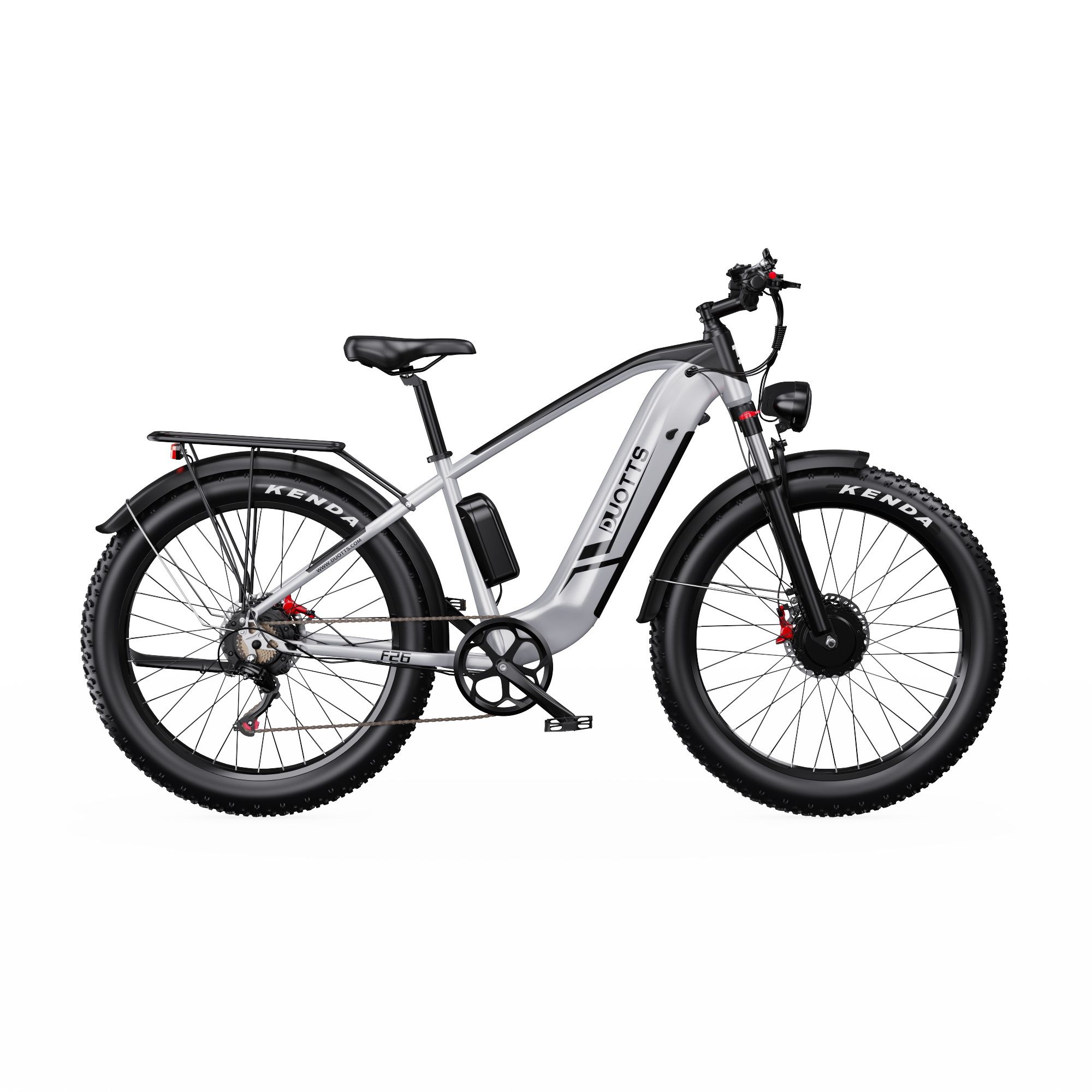 Bicicletta elettrica DUOTTS F26. Telaio nero e argento, pneumatici larghi, portapacchi. Motore e batteria.