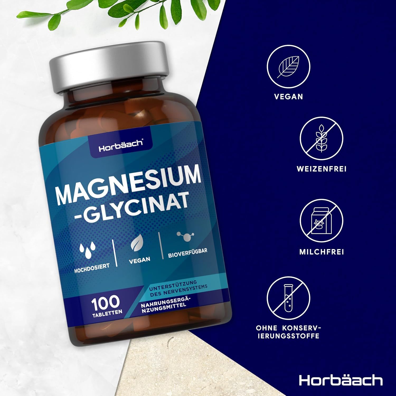 Flacone marrone con etichetta blu. Magnesium-Glycinat, 100 compresse. Vegano, senza grano, senza latticini, senza conservanti.