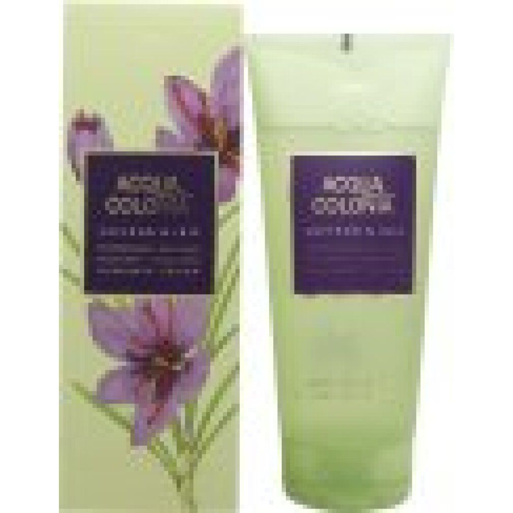 Tubo e scatola verdi con fiori viola. Testo: ACQUA COLONIA, Zafferano & Iris. Logo 4711 sul tubo.