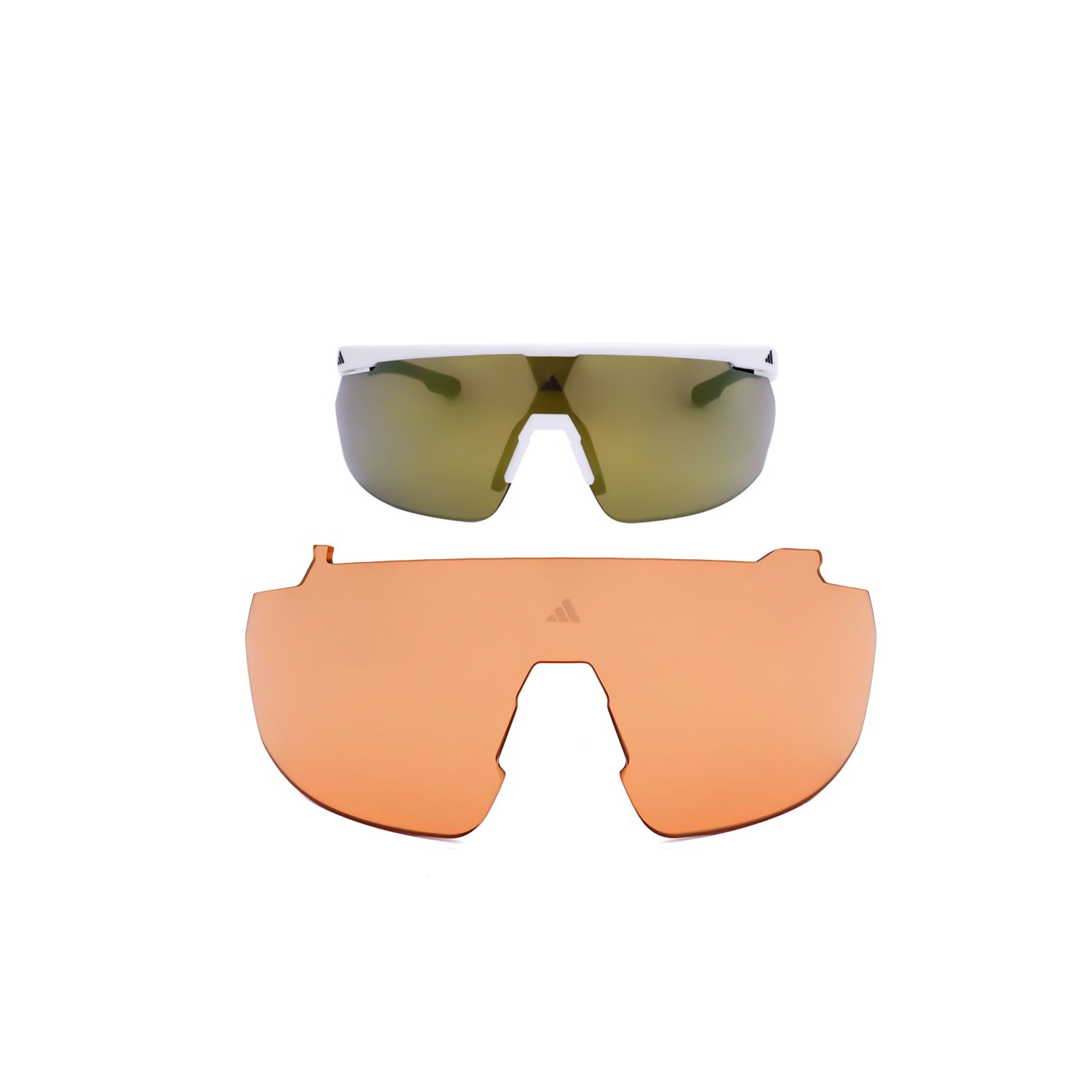 Occhiali da sole sportivi bianchi con lenti a specchio e lente di ricambio arancione separata. Logo Adidas sulla lente di ricambio.