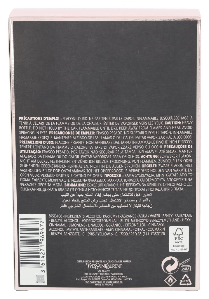 Retro della confezione di Black Opium Eau de Parfum. Testo multilingue, ingredienti e logo FSC.