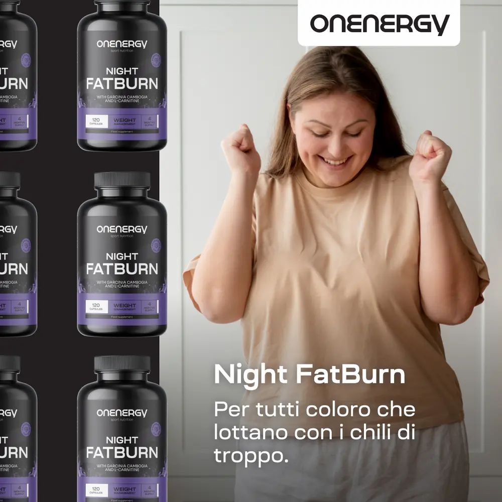 Donna che esulta. Sullo sfondo flaconi di Night FatBurn. Testo: Night FatBurn. Per tutti coloro che lottano con i chili di troppo.