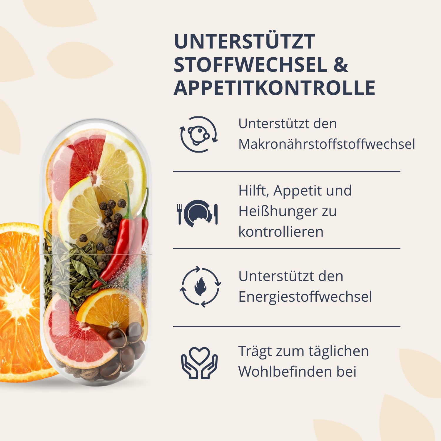 Capsula grande riempita di frutta e spezie, accanto a una fetta d'arancia.