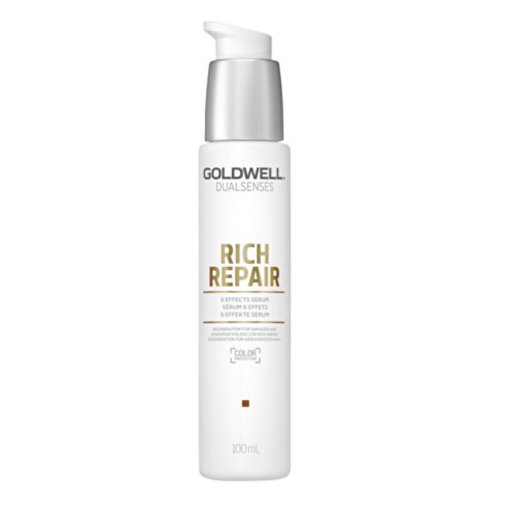 Siero per capelli Goldwell Dualsenses Rich Repair. Flacone bianco con dosatore argento. Testo: Rich Repair, 6 Effects Serum.