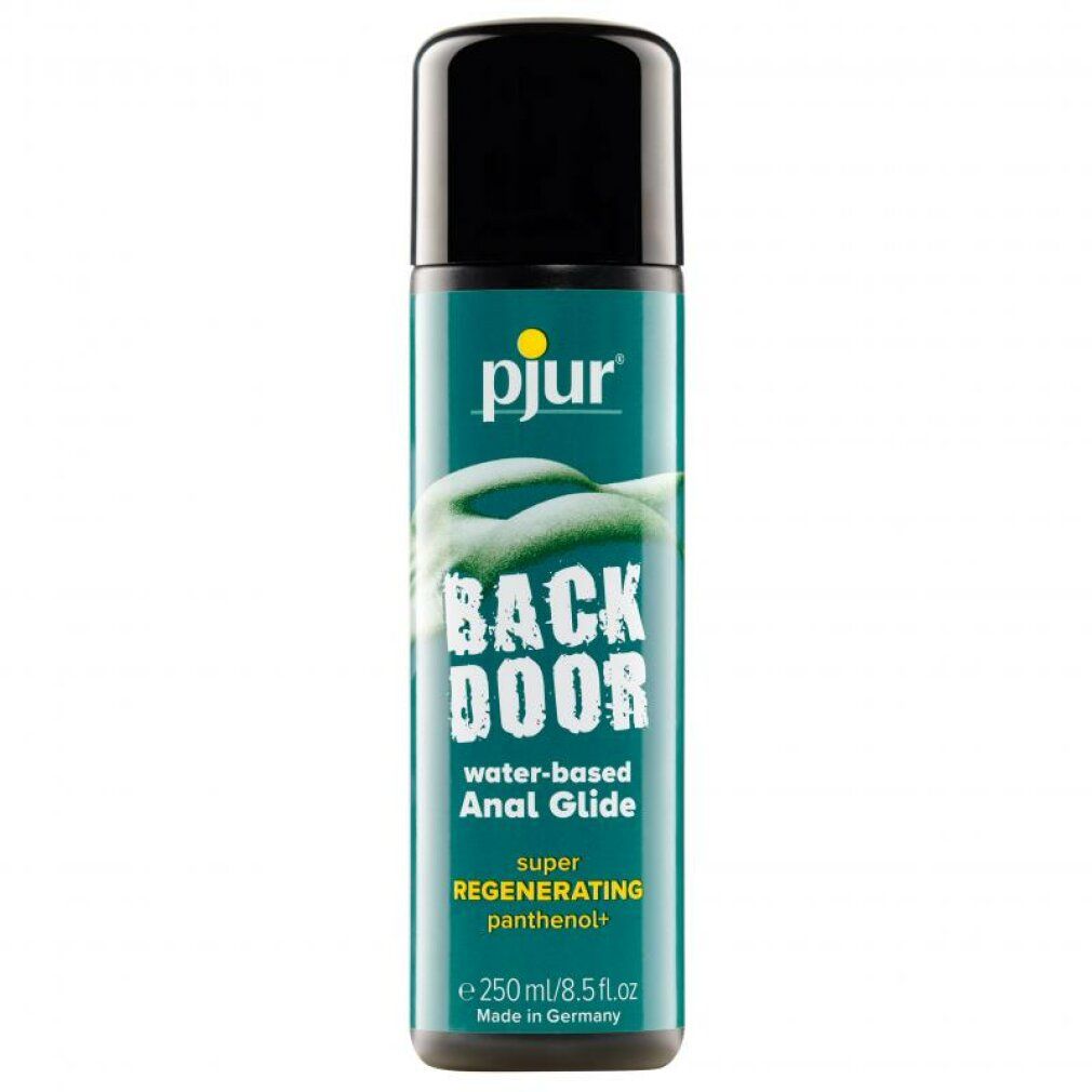 Flacone verde con tappo nero. Scritta: pjur, BACK DOOR, water-based Anal Glide, super regenerating panthenol+. Made in Germany. 250 ml/8.5 fl.oz.