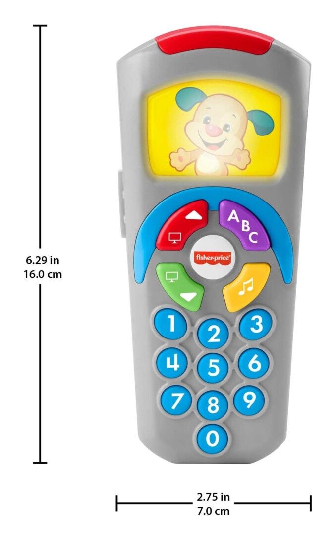 Telecomando grigio con pulsanti colorati e misure. 16,0 cm di altezza, 7,0 cm di larghezza.