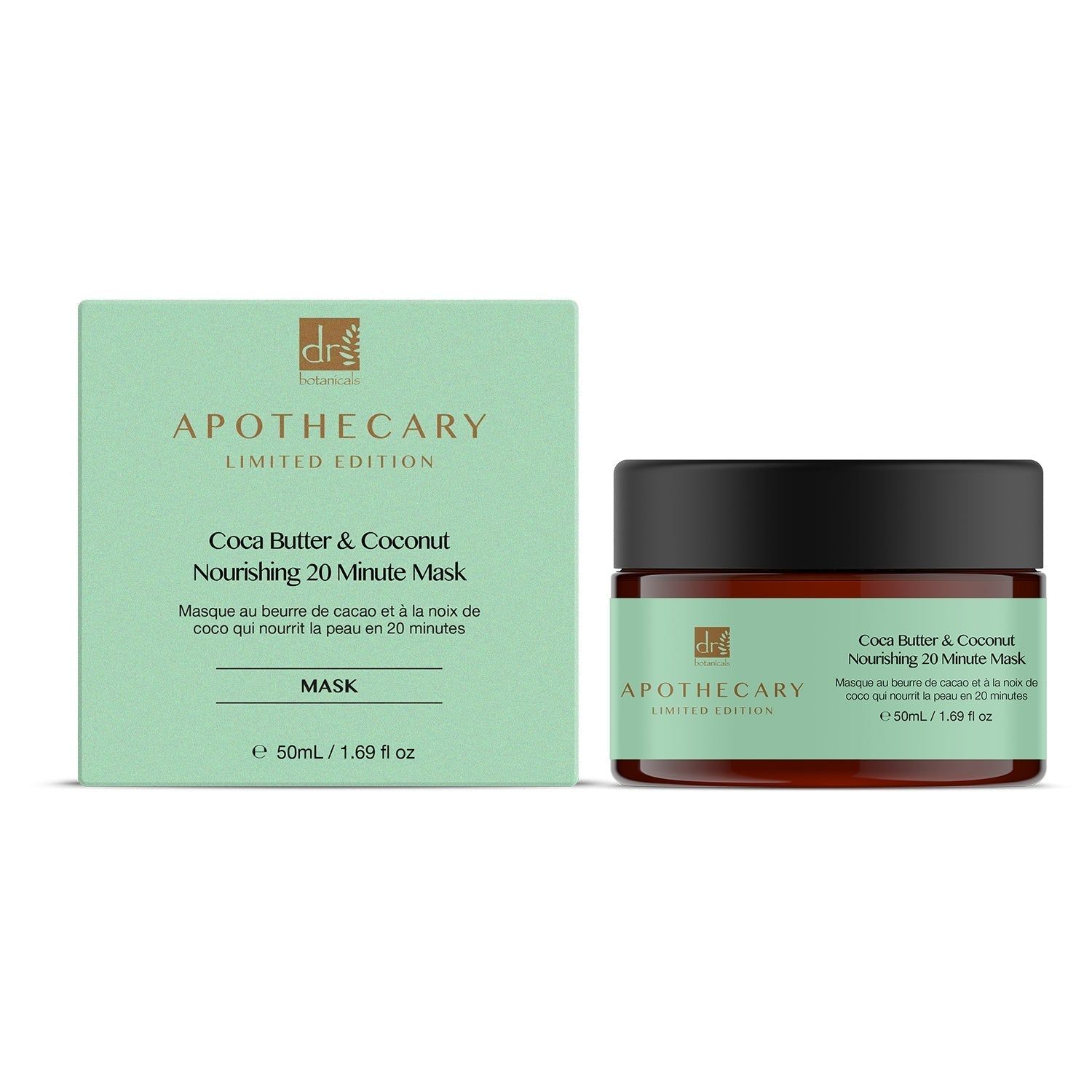 Confezione del prodotto con vaso e scatola. Vaso con coperchio nero ed etichetta verde. Scatola con testo: Cocoa Butter & Coconut Mask.
