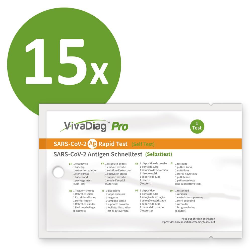 Kit di test confezionato singolarmente. Stampa: VivaDiag Pro, test antigenico SARS-CoV-2. Grafica verde: 15x.