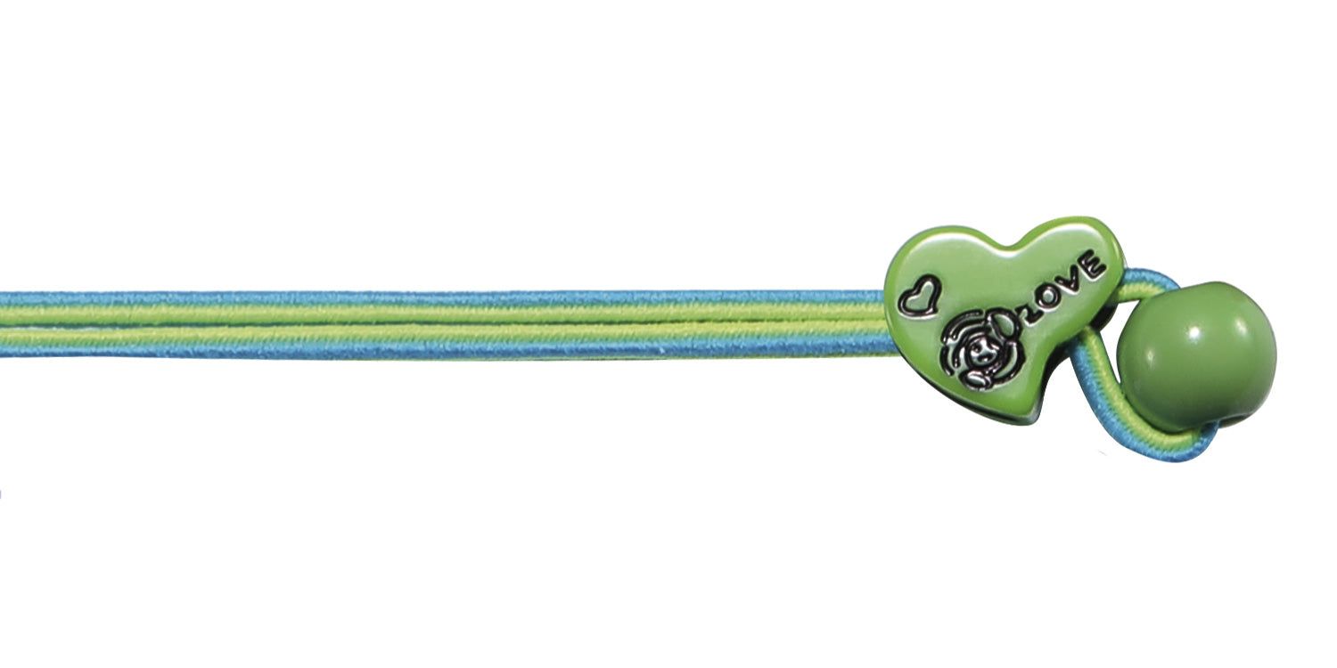 Cinturino per occhiali per bambini, verde-blu, con decorazione a forma di cuore e scritta "LOVE".