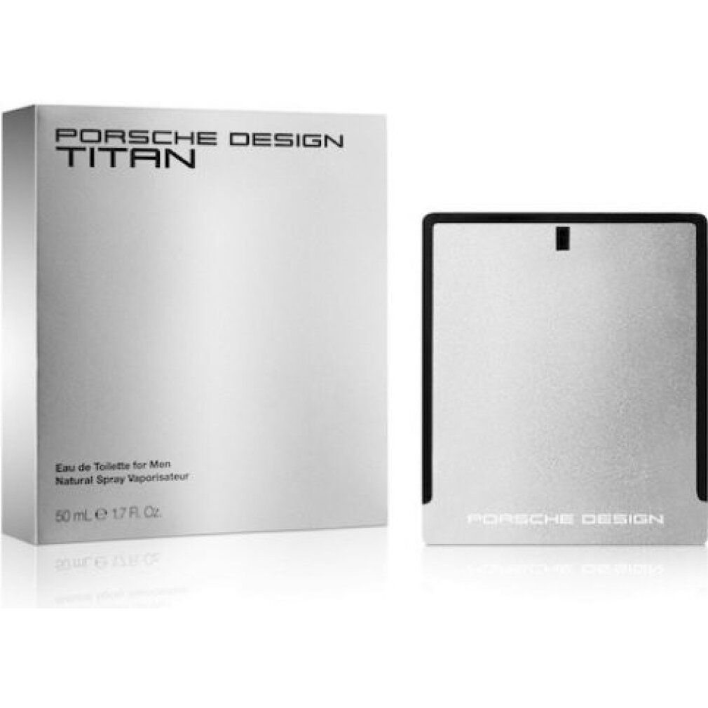 Flacone e confezione argentati. Tappo nero. Scritta: PORSCHE DESIGN TITAN. Testo: Eau de Toilette per Uomo.