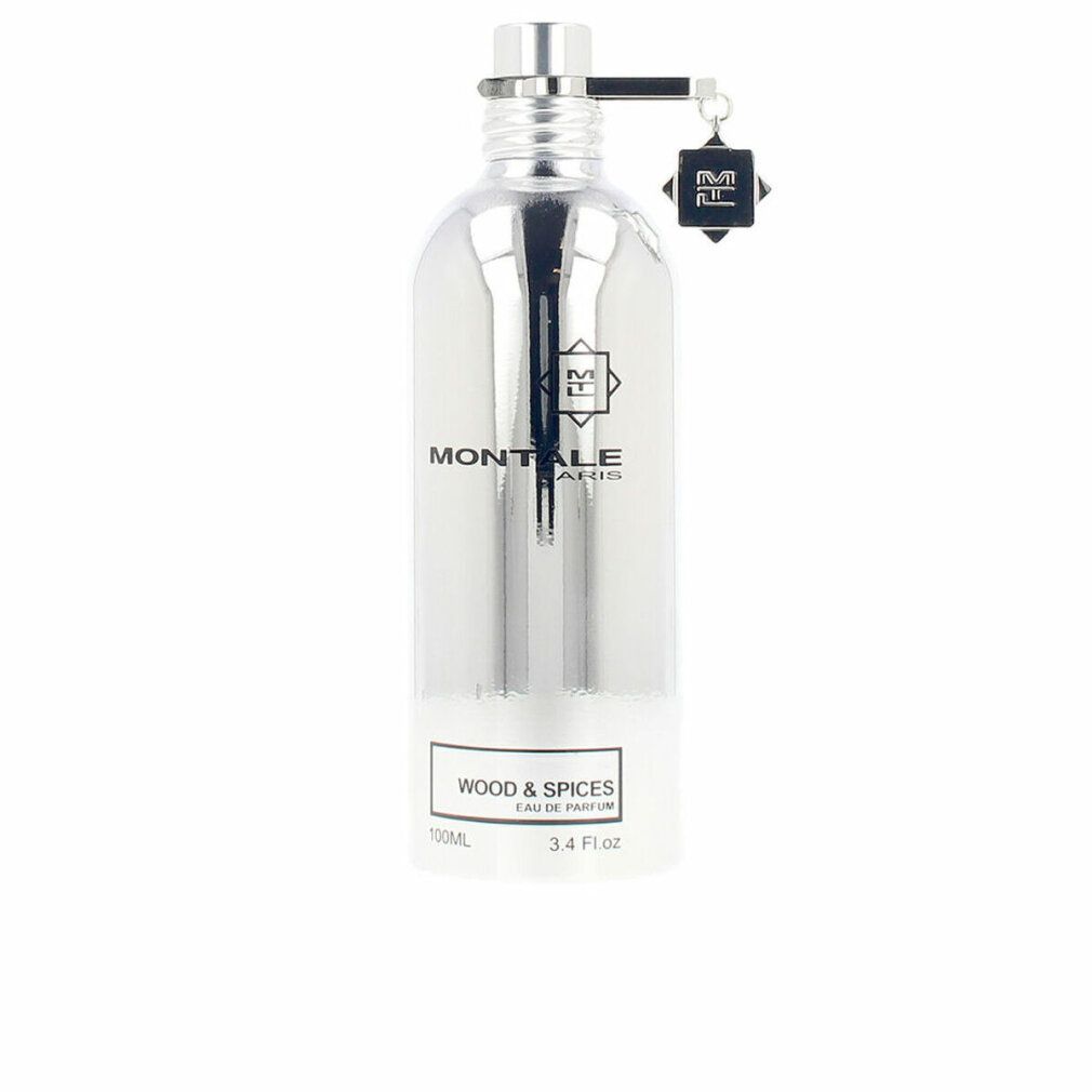 Flacone di profumo argentato con scritta: MONTALE PARIS, WOOD & SPICES, Eau de Parfum. Con ciondolo.