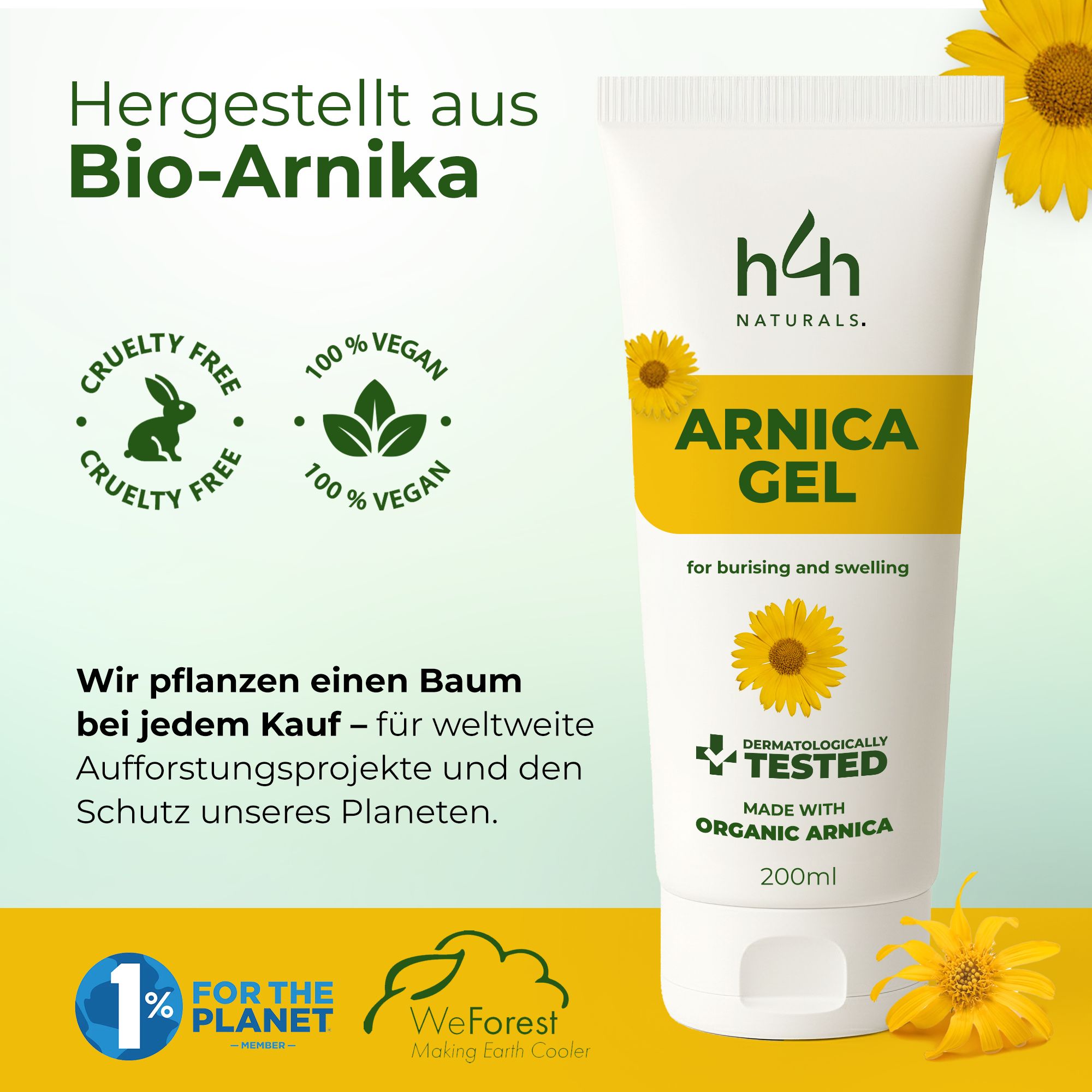 Tubo di gel all'arnica h4h Naturals. Loghi: Cruelty Free, Vegan, 100% Vegan. Testo: Prodotto con arnica biologica.
