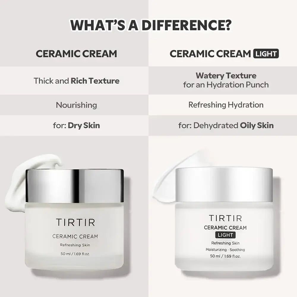 Confronto tra TIRTIR Ceramic Cream e Ceramic Cream Light. Entrambi in vasetti bianchi. Testo: Thick and Rich Texture, Watery Texture.