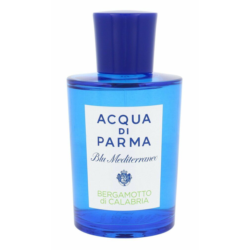 Flacone di profumo blu. Scritta: Acqua Di Parma Blu Mediterraneo Bergamotto di Calabria.