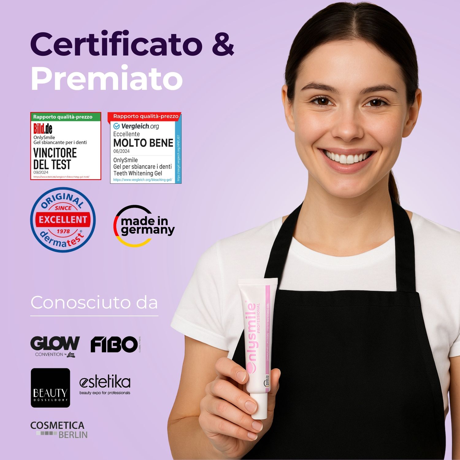 Donna tiene un tubo di gel sbiancante. Certificato e premiato. Prodotto in Germania. OnlySmile.