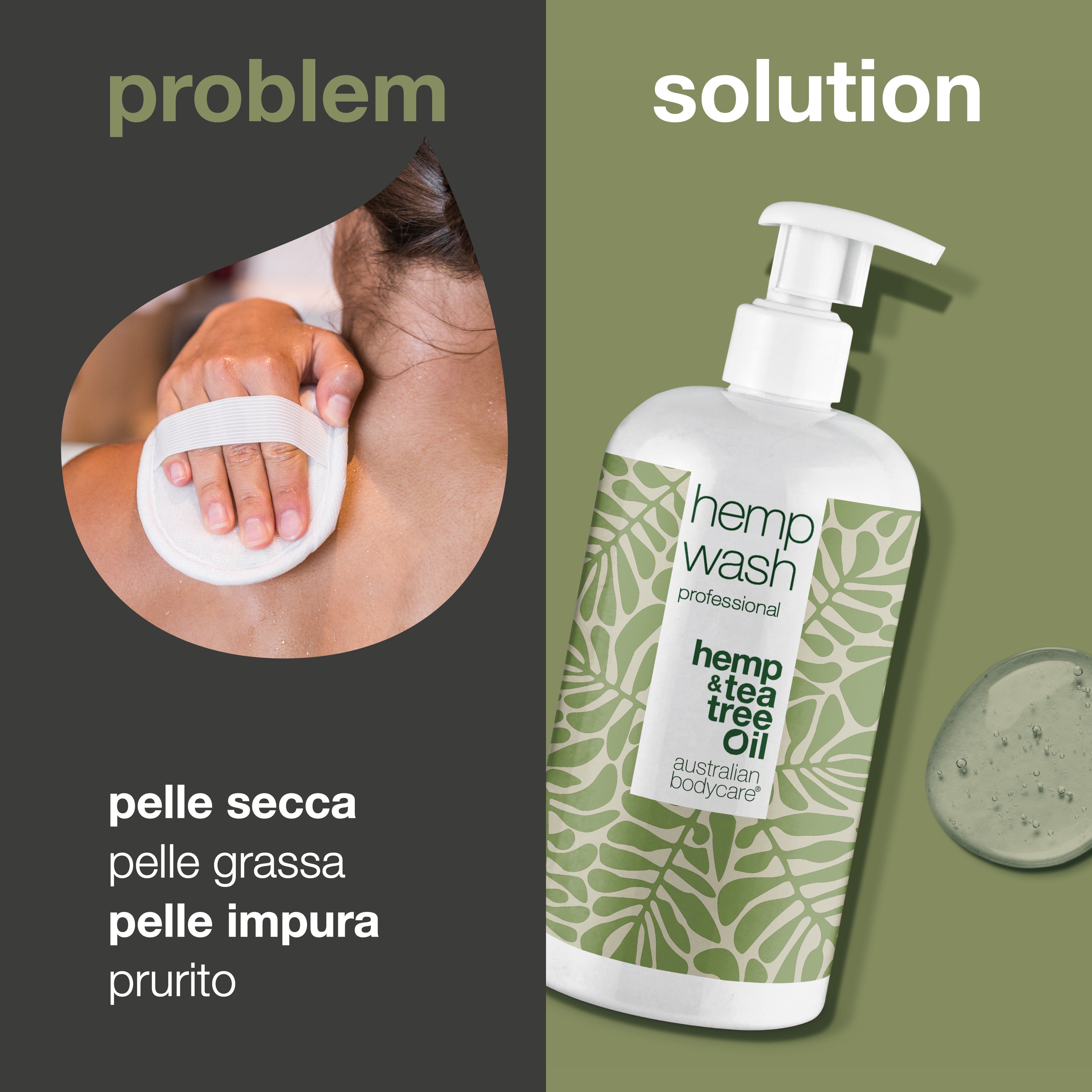 Prodotto accanto al testo: pelle secca, pelle grassa, pelle impura, prurito. Accanto, una persona con una spugna.