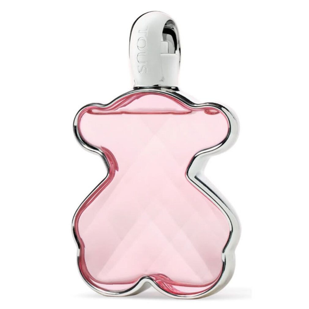 Flacone di profumo rosa a forma di orso con tappo argentato.