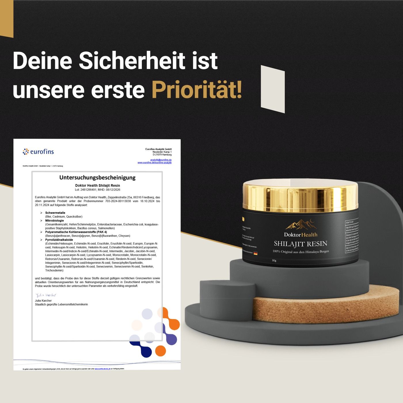Certificato, barattolo di resina di shilajit. Testo: La tua sicurezza è la nostra priorità! Certificato di indagine.