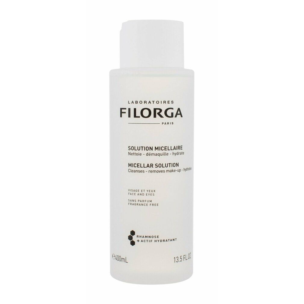 Flacone bianco con logo Filorga e testo. Scritta: Solution Micellaire. Deterge, rimuove il trucco, idrata. 400ml, 13.5 FL OZ.