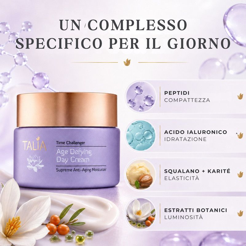 Vasetto viola con TALIA Age Defying Day Cream, Supreme Anti-Aging Moisturizer. Contiene peptidi, acido ialuronico, squalano, karité ed estratti botanici.