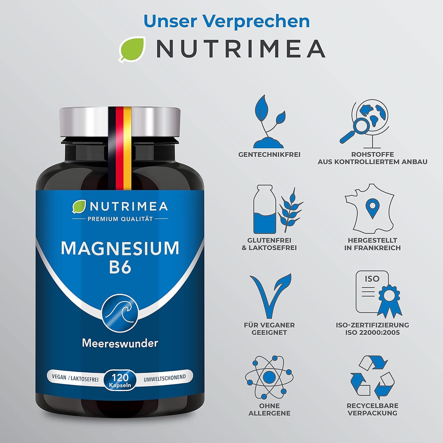 Flacone scuro con etichetta blu. Testo: MAGNESIUM B6, Meereswunder, 120 capsule. Vegano, senza lattosio, ecologico. Icone: materie prime, vegano, ecc.