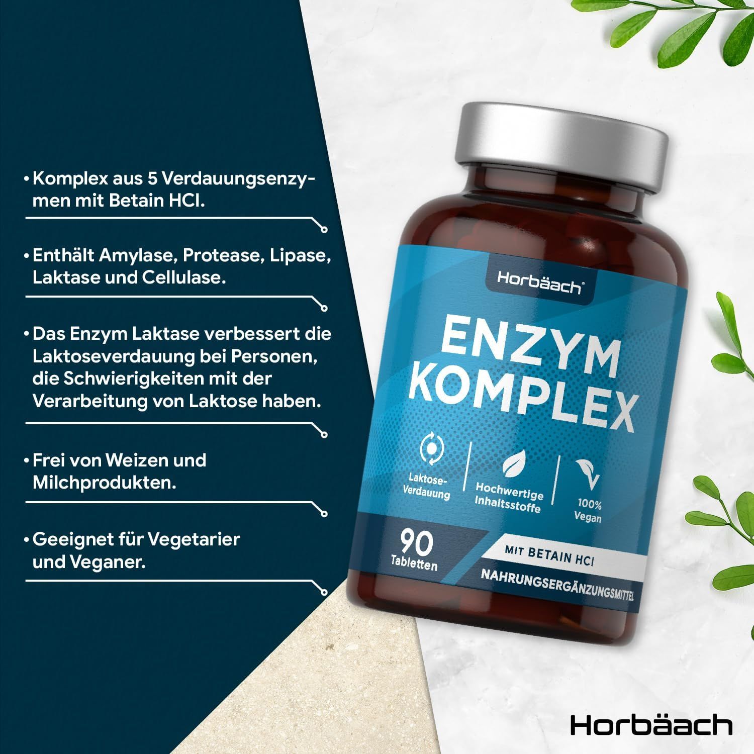 Flacone marrone con etichetta blu. Contiene 90 compresse. Scritta: Enzym Komplex, Horbaach. Vegano.